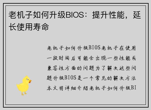 老机子如何升级BIOS：提升性能，延长使用寿命